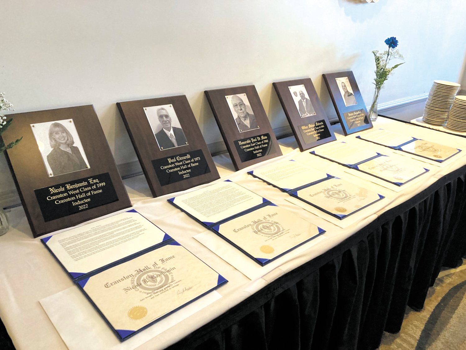 AWARDS AND ALLOCADES: Cranston Hall of Fame inductees were recognized Oct. 14 at the annual Cranston Hall of Fame Induction Ceremony at Alpine Country Club in Cranston. (Herald photo)